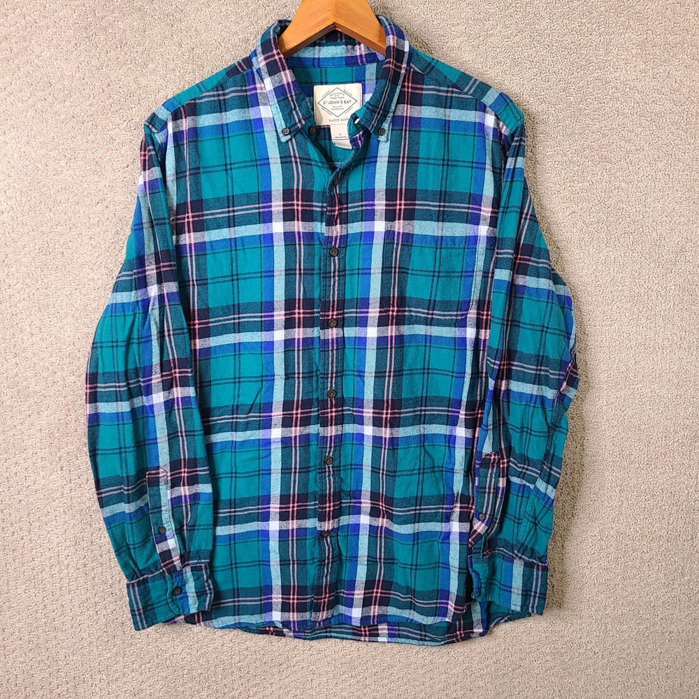 St John's Bay Shirt Mens L Teal Plaid‎ Button Down Cotton Long Sleeve Casual
